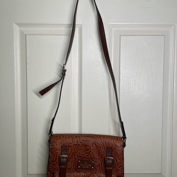 { Kate Spade Mini Messenger } Embossed Brown Santa Rosalia Scout Leather Bag - Picture 2 of 12